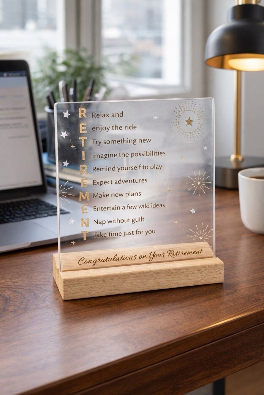 Retirement Acrylic Desk Plaque – Thoughtful Keepsake (4” x 4”) Gift Box